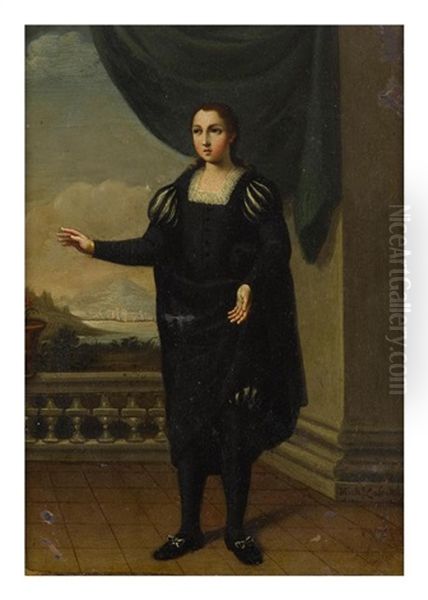 Portrait Of A Lady, Full Length, Wearing A Costume Oil Painting by Miguel Cabrera