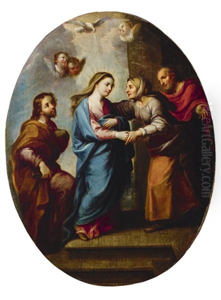 La Visitacion De La Virgen Maria A Su Prima Isabel, Con San Jose Y Zacarias Oil Painting by Miguel Cabrera