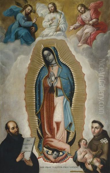 Presentacion De La Virgen De Guadalupe Con La Santisima Trinidad, San Ignacio De Loyola Y San Antonio Como Testigos Oil Painting by Miguel Cabrera