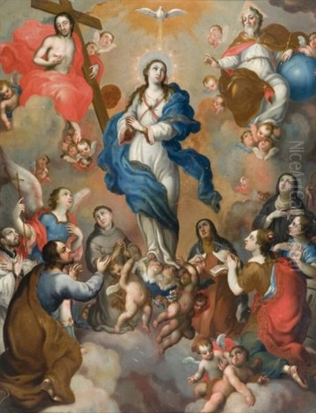 Vierge De Gloire Entre Le Christ Et Dieu Le Pere, Entoures De Saints Oil Painting by Miguel Cabrera