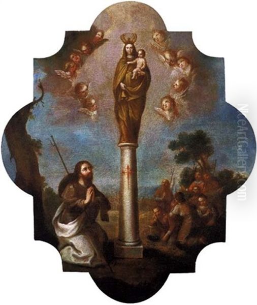 Apostol Santiago Adorando A La Virgen Con El Nino En La Columna, Sobre Un Fondo De Paisaje Con Una Ciudad Y Un Grupo De Peregrinos Oil Painting by Miguel Cabrera