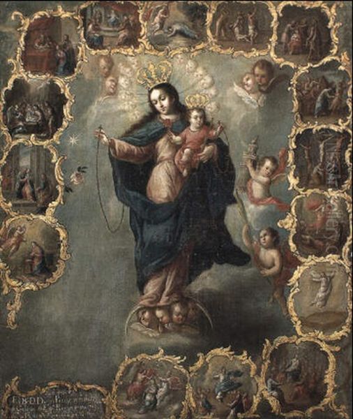 The Immaculate Conception With The Fifteen Mysteries Of The Rosary Oil Painting by Miguel Cabrera