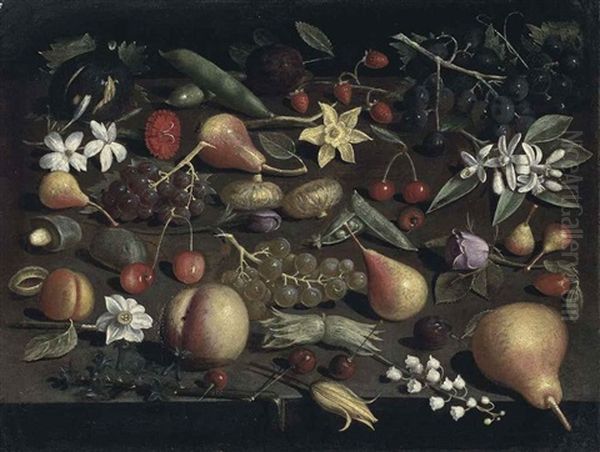 Strawberries, Pears, Peas, A Peach, A Fig, An Apricot, Grapes, Cherries, Hazelnuts, A Carnation, A Daffodil, Jasmine, A Rose, Lilly-of-the-valley Oil Painting by Orsola Maddalena Caccia