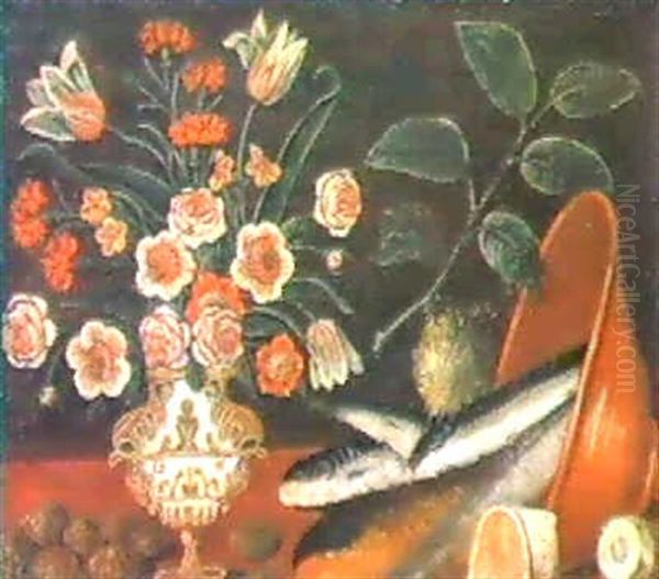 Natura Morta Con Pesci E Vaso Di Fiori Oil Painting by Orsola Maddalena Caccia