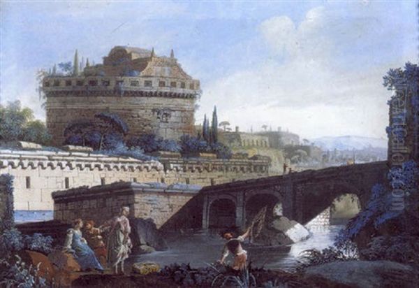 Pont Sur Le Tibre Pres Du Chateau Saint-ange Oil Painting by Francesco Caccianiga