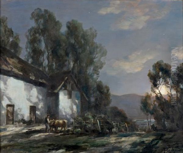 Ferme Au Lever De Lune Oil Painting by Francois Charles Cachoud