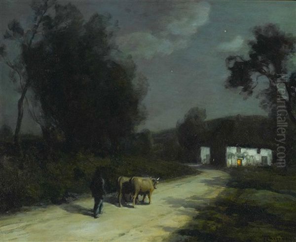 A Figure Herding A Pair Of Oxen By Moonlight Oil Painting by Francois Charles Cachoud