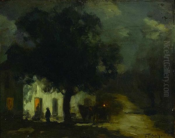 A Moonlit Scene With A Figure And A Cow Watering At A Pond; A Nocturnal Scene With Figures In Front Of An Inn (2) by Francois Charles Cachoud