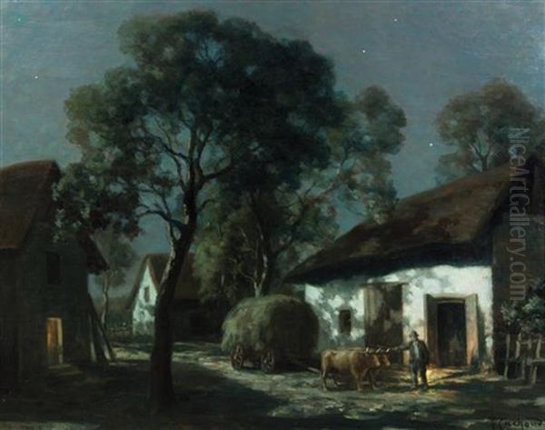 Moonlit Barnyard Oil Painting by Francois Charles Cachoud