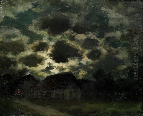 A Village In The Moonlight; The Road At Night Oil Painting by Francois Charles Cachoud