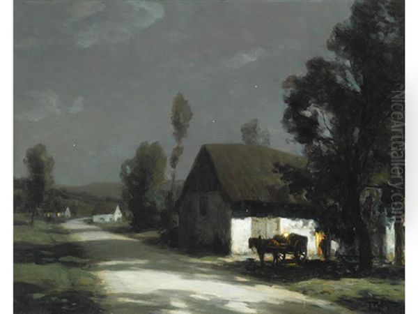 A Village Road In The Moonlight Oil Painting by Francois Charles Cachoud