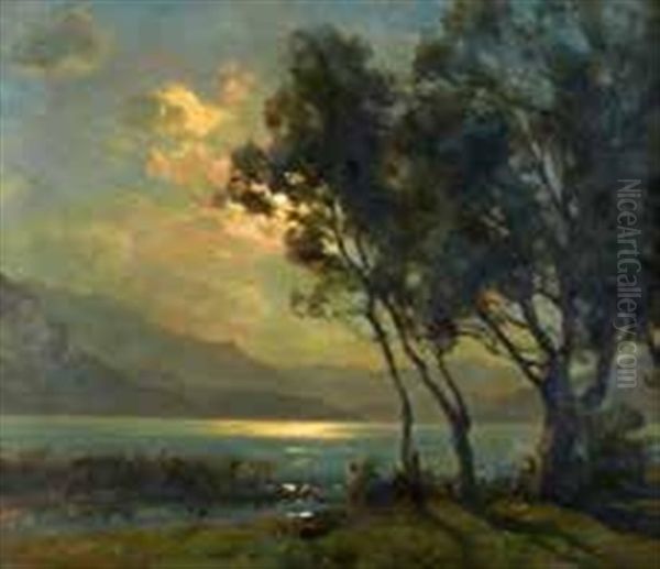 Nuit De Lune, Lac D'annecy, Vue Prise D'albigny Oil Painting by Francois Charles Cachoud