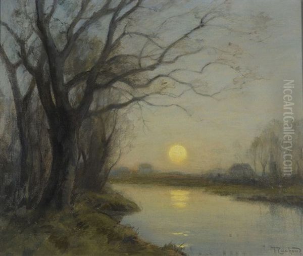 Crepuscule Sur Un Etang Oil Painting by Francois Charles Cachoud