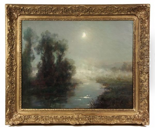 Moonlit Misty Stream Oil Painting by Francois Charles Cachoud