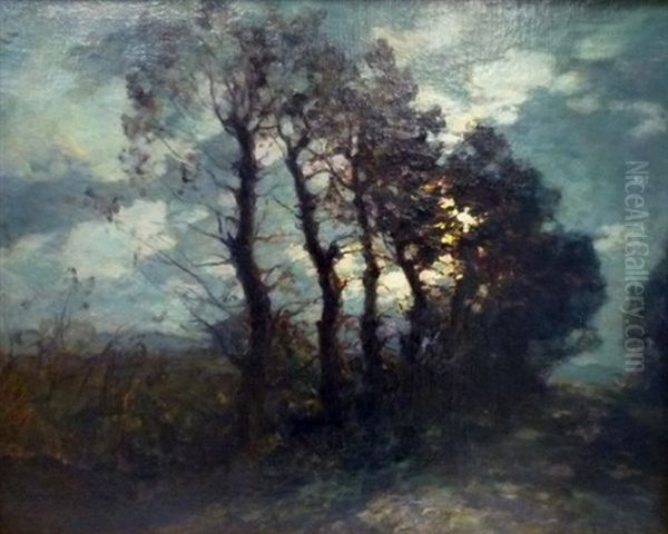 Le Chemin Borde D'arbres Une Nuit De Pleine De Lune Oil Painting by Francois Charles Cachoud