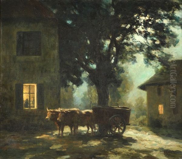 Les Fermes Au Claire De Lune Oil Painting by Francois Charles Cachoud