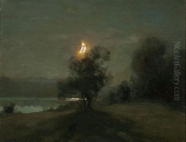 Clair De Lune Sur Le Lac D'aiguebelette Oil Painting by Francois Charles Cachoud