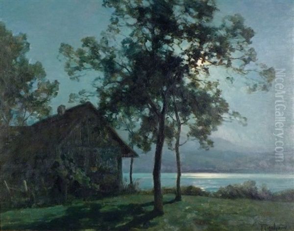 Lac D'aiguebelette Au Clair De Lune Oil Painting by Francois Charles Cachoud