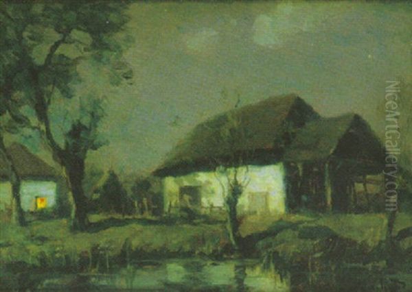 La Ferme Pres De La Mare, Nuit De Lune Oil Painting by Francois Charles Cachoud