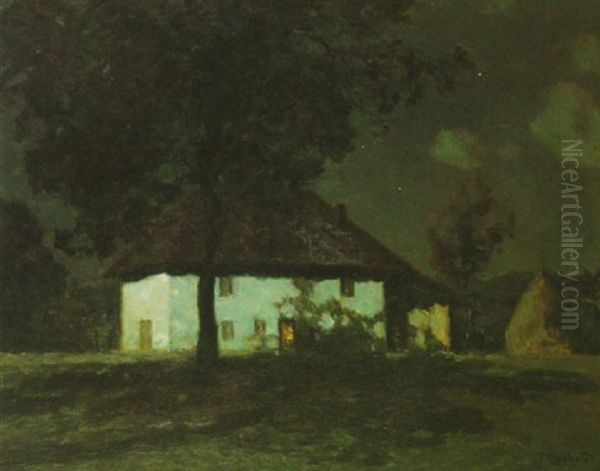 A Moonlit Scene With A Farm House And A Haystack Beyond Oil Painting by Francois Charles Cachoud