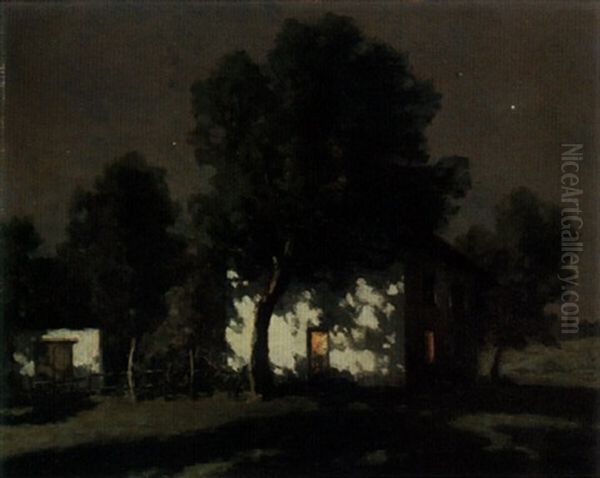 French Farmhouse By Moonlight Oil Painting by Francois Charles Cachoud