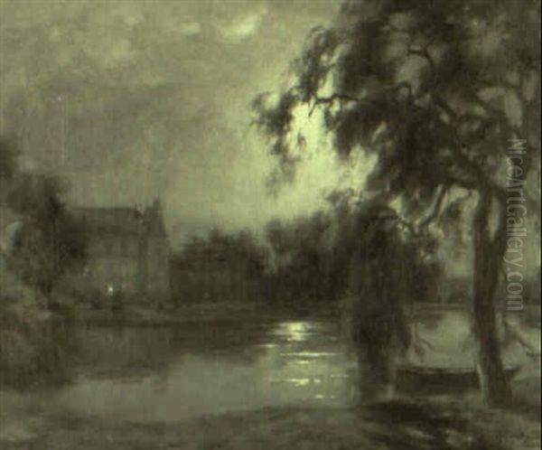 Moonlit River Scene Oil Painting by Francois Charles Cachoud