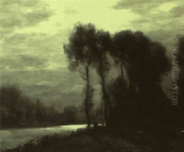 Moonlit Riverscape Oil Painting by Francois Charles Cachoud