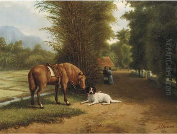 Indonesian Landscape With Horse And Dog Oil Painting by Dirk G. Altman