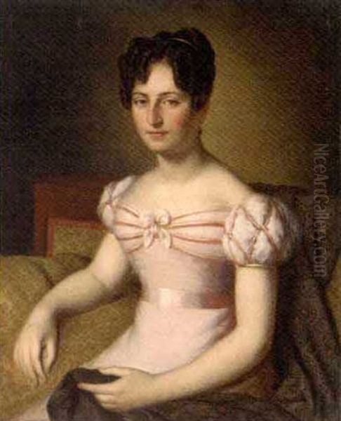 Portrait Of A Lady In A Pink Dress Holding A Shawl Oil Painting by Rene Cadeau