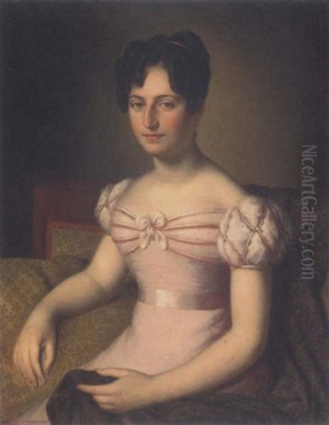 Portrait Of A Lady, In A Pink Dress Holding A Shawl Oil Painting by Rene Cadeau