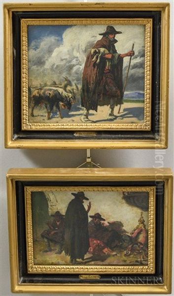 Two Paintings Of Goatherders by Eugene Cadel