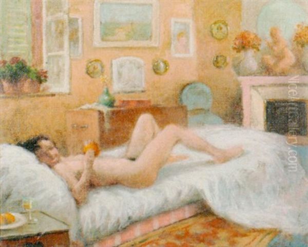 Schlafzimmerinterieur Mit Weiblichem Akt Auf Einem Bett, Sich Einen Strumpf Anziehend Oil Painting by Eugene Cadel