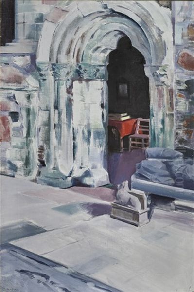 Interior Of Iona Abbey, The Sacristy Door Oil Painting by Francis Campbell Boileau Cadell