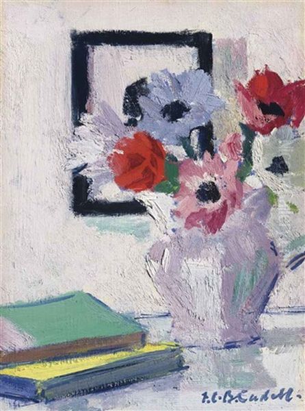 Still Life - Anemones In Vase With Green Book by Francis Campbell Boileau Cadell