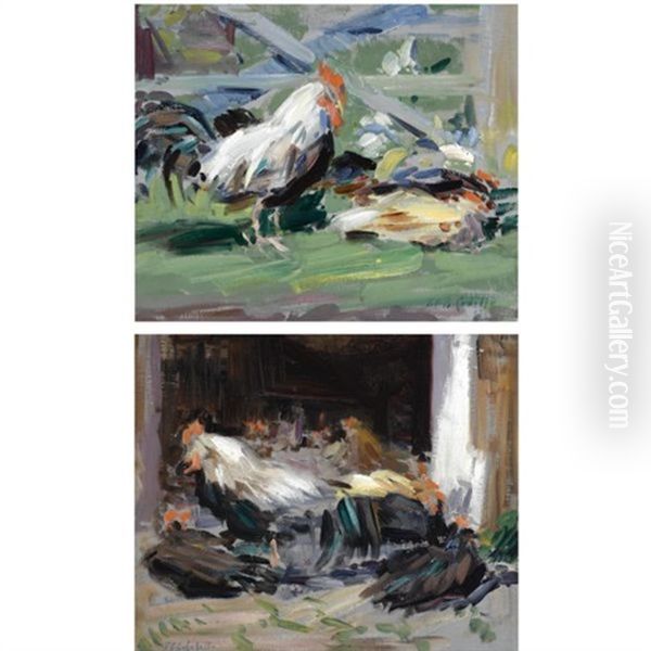 Cockerels (pair) Oil Painting by Francis Campbell Boileau Cadell