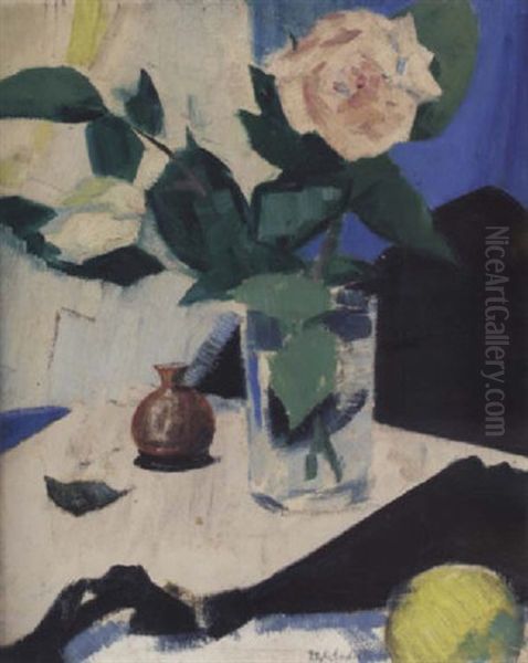 Still Life With Roses, Black Fan And Lemon Oil Painting by Francis Campbell Boileau Cadell