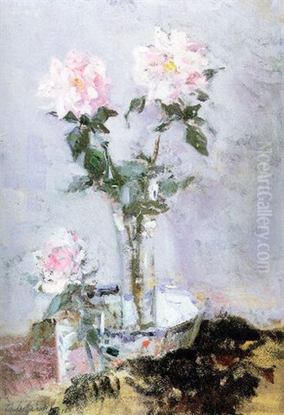 Pink Roses In A Glass Vase Oil Painting by Francis Campbell Boileau Cadell