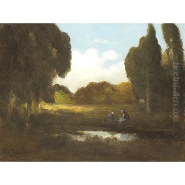 Figures By A Pond In A Forest Clearing Oil Painting by Giuseppe Cadenasso