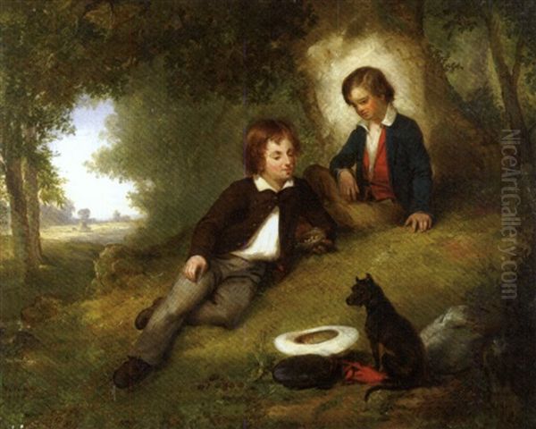 Two Young Boys In A Forest Clearing Examining A Bird's Nest Oil Painting by James H. Cafferty