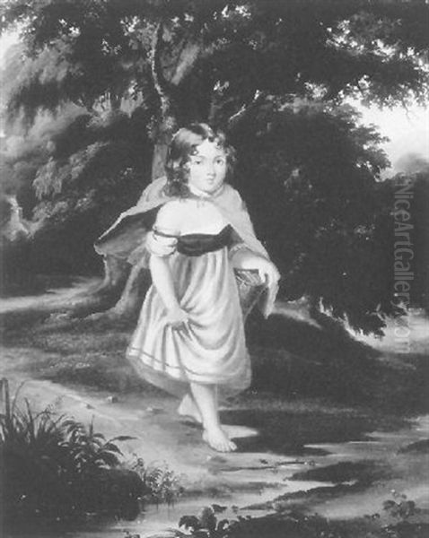 Girl In A Pink And Blue Cloak Carrying A Basket On A Path Beyond A Cottage Oil Painting by James H. Cafferty