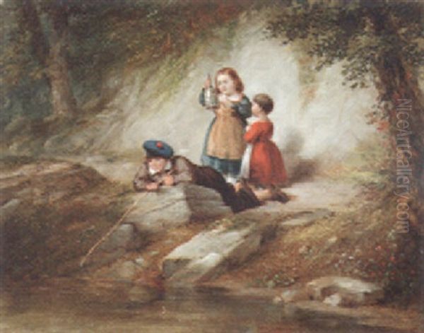 Children Playing By A Stream Oil Painting by James H. Cafferty