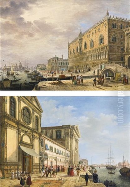 Venice, A View Of The Molo Looking West With The Palazzo Ducale, The Biblioteca And Santa Maria Della Salute In The Distance; Venice, A View Of The Zattere Oil Painting by Ippolito Caffi