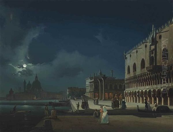 Venezia: Veduta Notturna Del Molo Verso La Basilica Della Salute Oil Painting by Ippolito Caffi