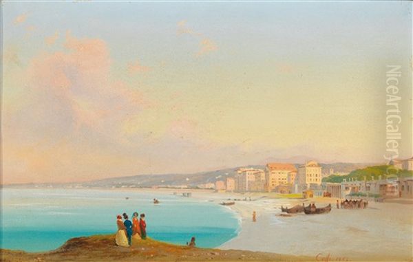 Nicenice, View Of The Beach As Seen From The Quai Du Midi Oil Painting by Ippolito Caffi