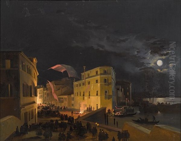 Venice, Nocturnal Festivities On The Via Eugenia (today Via Garibaldi) Oil Painting by Ippolito Caffi