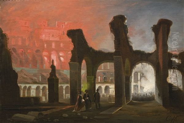 The Interior Of The Colosseum Illuminated By Fireworks Oil Painting by Ippolito Caffi