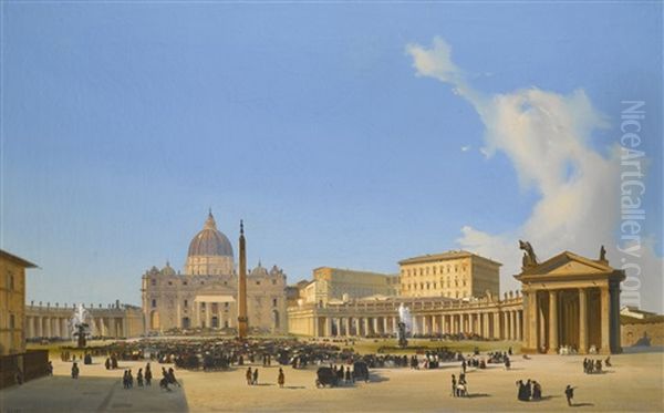 Rome, A View Of Saint Peter's Basilica And Square With Crowds Awaiting A Papal Audience Oil Painting by Ippolito Caffi