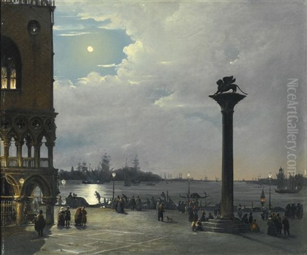 Venice, A Nocturnal View Of Piazza San Marco With The Ducal Palace Oil Painting by Ippolito Caffi