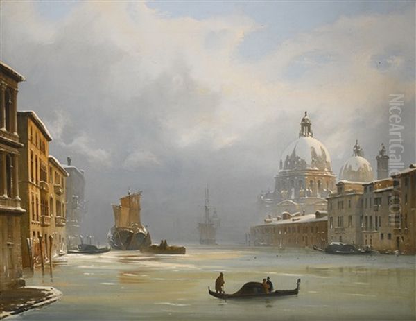 Venice, A View Of The City Under Snow With The Church Of The Salute by Ippolito Caffi