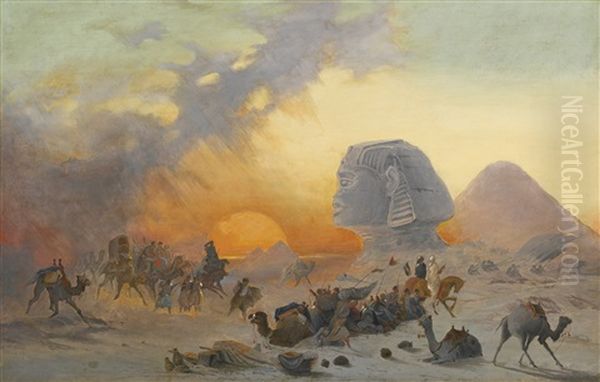 A Caravan Fleeing From A Desert Simoom Near The Sphinx Oil Painting by Ippolito Caffi